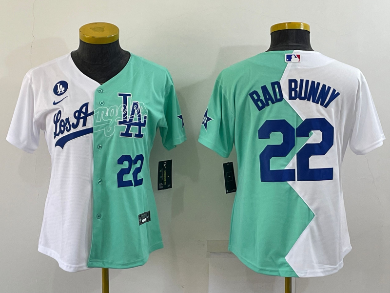 Youth Los Angeles Dodgers #22 Bad Bunny 2022 All-Star White/Green Split Stitched Jersey Youth Los Angeles Dodgers #22 Bad Bunny 2022 All-Star White/Green Split Stitched Jersey